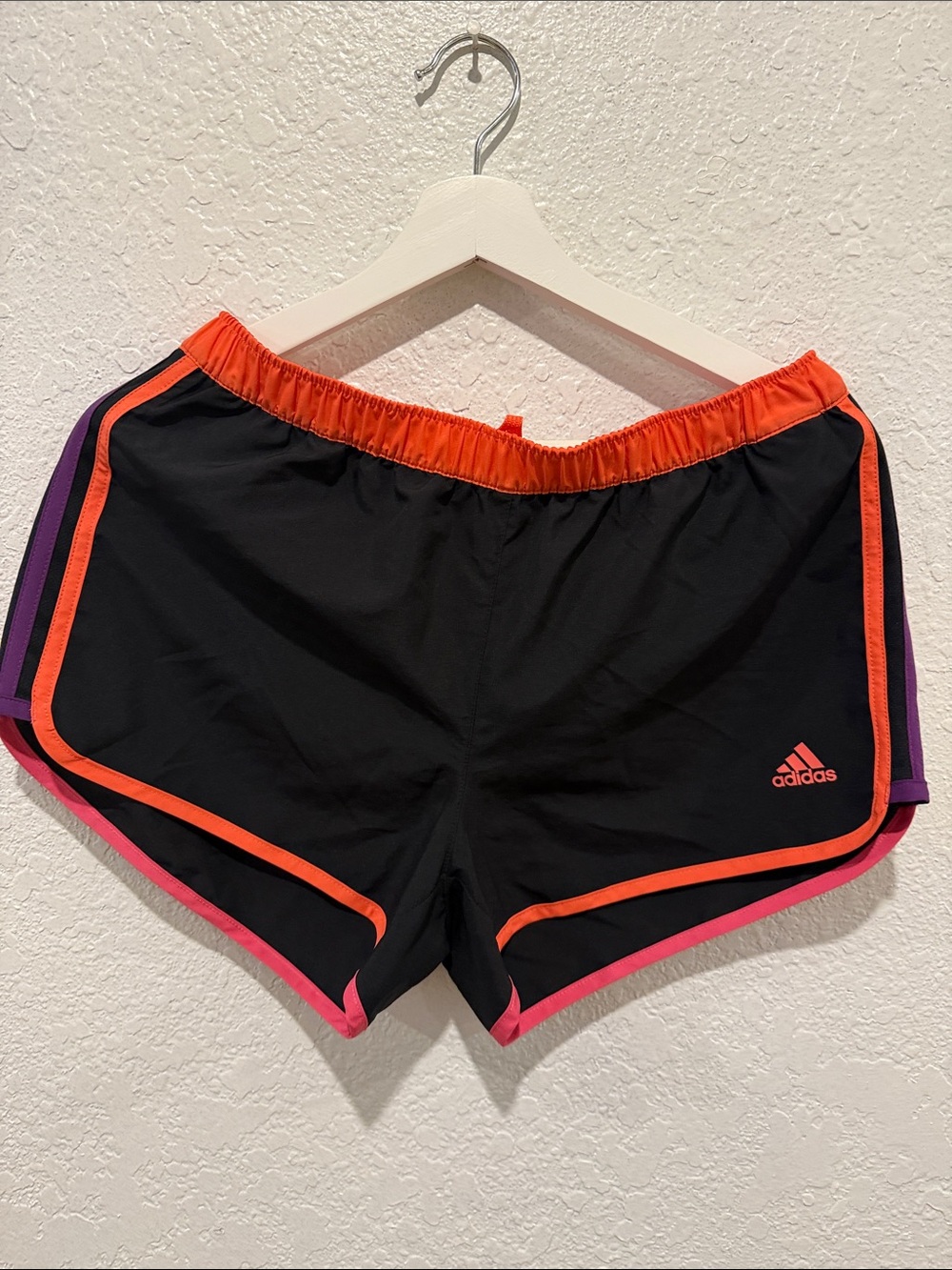 Adidas Retro Women's Black Athletic Shorts with Orange, Purple and Pink Trim
